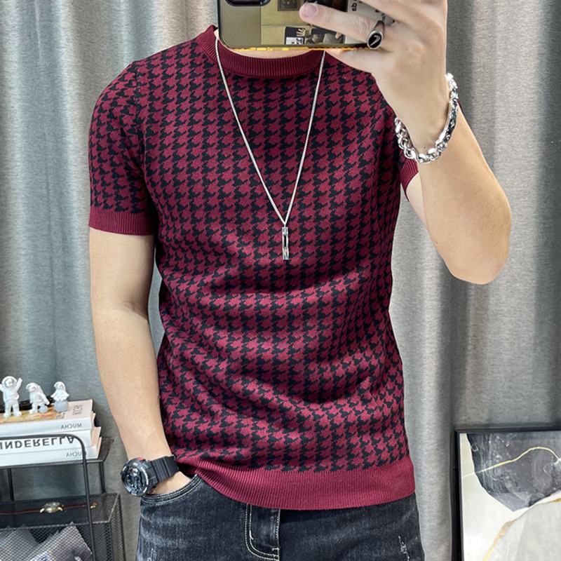 Men's Houndstooth Short Sleeve Sweater T-Shirt O-Neck Knitted Top Tees Casual Streetwear Polyester Spandex Spring Summer England Style