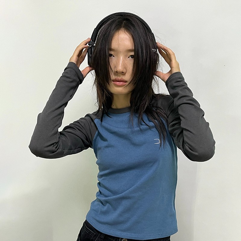 Women's T-Shirt Karrram Grunge Patchwork T-shirt 90s Vintage Embroidery Tshirt Japanese Harajuku Slim Long Sleeve Tee Shirt Korean Streetwear 230