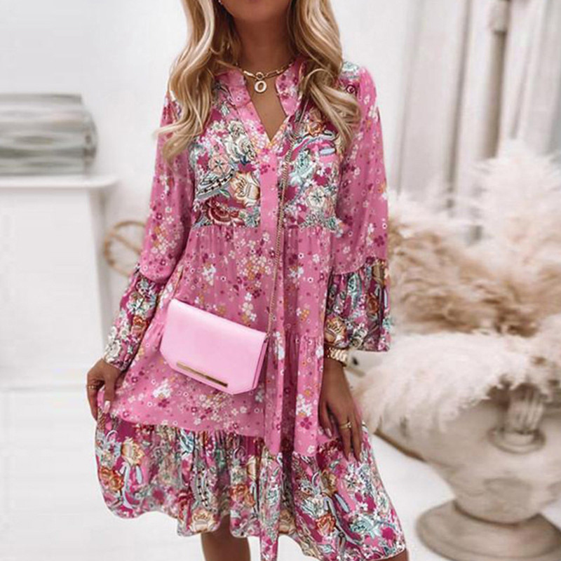 Casual Dresses Spring Ruffle Women Party Dress Loose V Neck Beach Pullover Dress Casual Elegant Retro Floral Print Flare Sleeve Mini Dress 230509