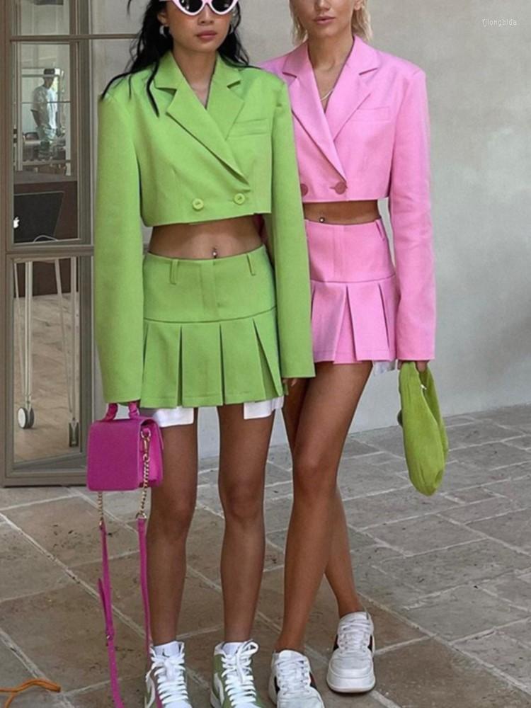 Work Dresses 2023 Spring Casual Two Piece Sets Women' Outfits Matching With Pleated Skirt And Blazer Cropped Top Suit For Women, White shorts