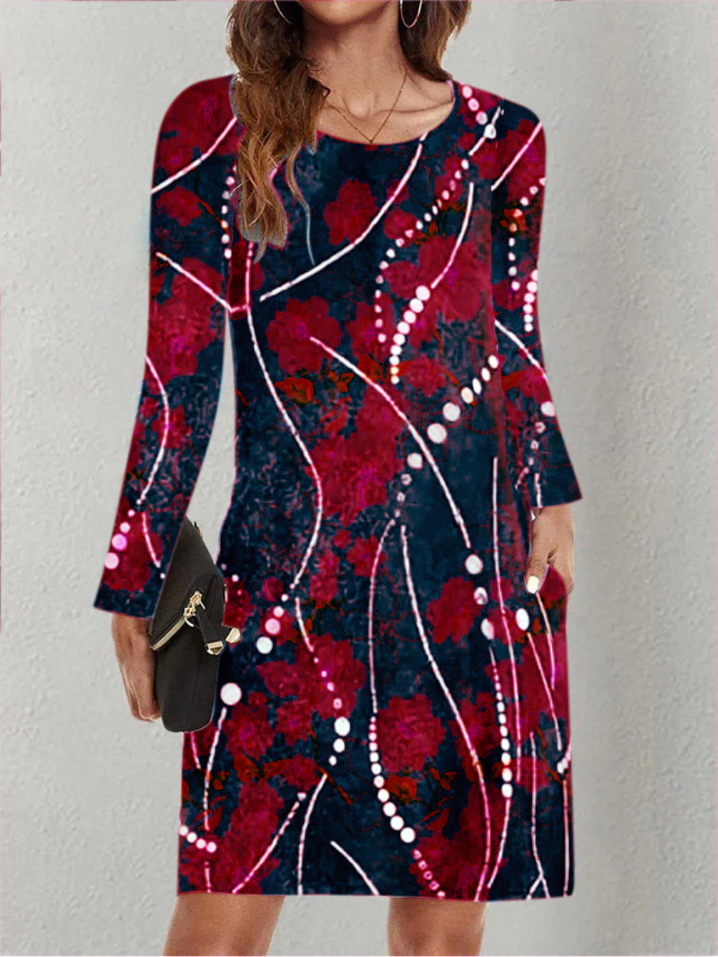 Party Dresses Womens Casual Flowy Pleated Loose Printed with Pockets Long Sleeve ONeck Fashion Element Dress 230508