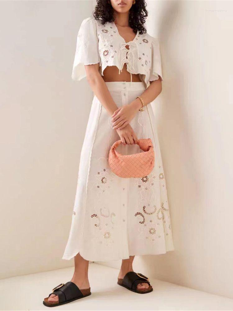Women' T Shirts Women V-Neck Floral Embroidery Hollow Out Blouse Or Midi Skirt 2023 Spring Summer Ladies Lace-Up Shirt Single-Breasted Jupe, One set
Women' T Shirts Women V-Neck Floral Embroidery Hollow Out Blouse Or Midi Skirt 2023 Spring Summer Ladies Lace-Up Shirt Single-Breasted Jupe, One set