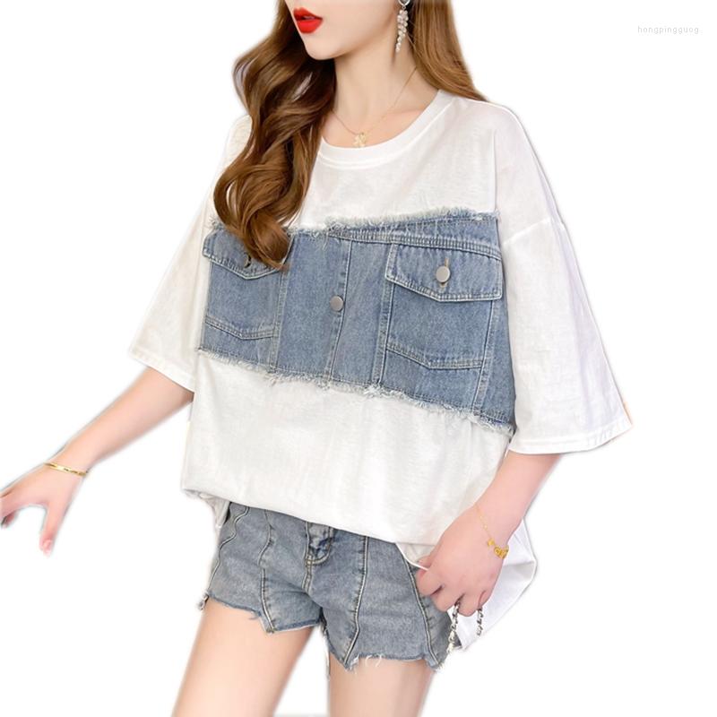 Women's T Shirts Summer Women Short-sleeve O-neck Cotton Patchwork Denim Female Loose Casual Long T-shirt Tops, Black
Women's T Shirts Summer Women Short-sleeve O-neck Cotton Patchwork Denim Female Loose Casual Long T-shirt Tops, Black