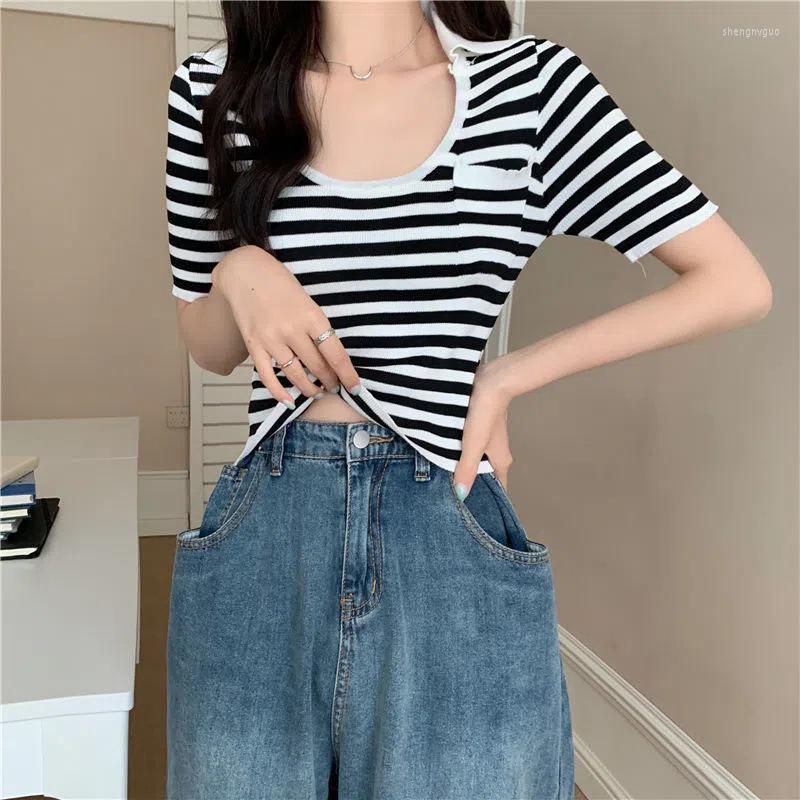 

Women's T Shirts Slim-fit Sweater Women's Color Matching Striped Short Spice Top Watch Out For Short-sleeved T-shirt Tide.