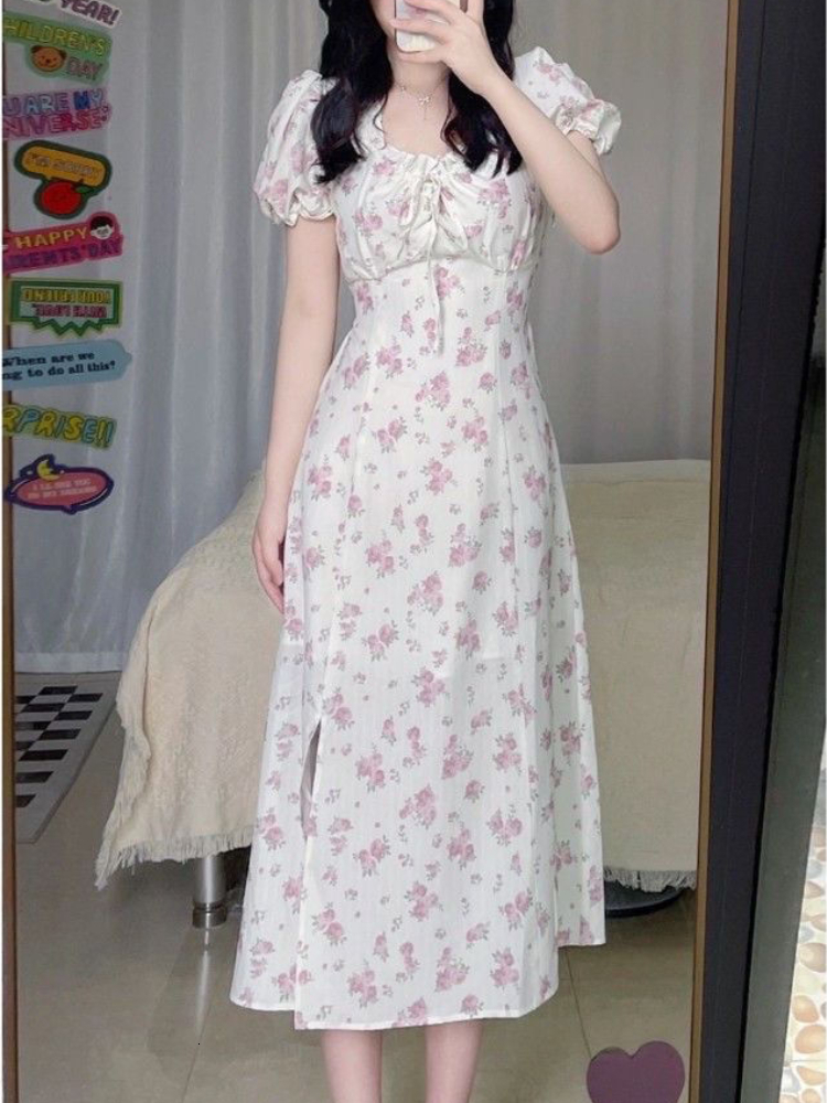 Casual Dresses Short Sleeve Dresses Women Floral Mid-calf Drawstring Lovely Temperament Females Vintage Sweet High Waist Korean 230509