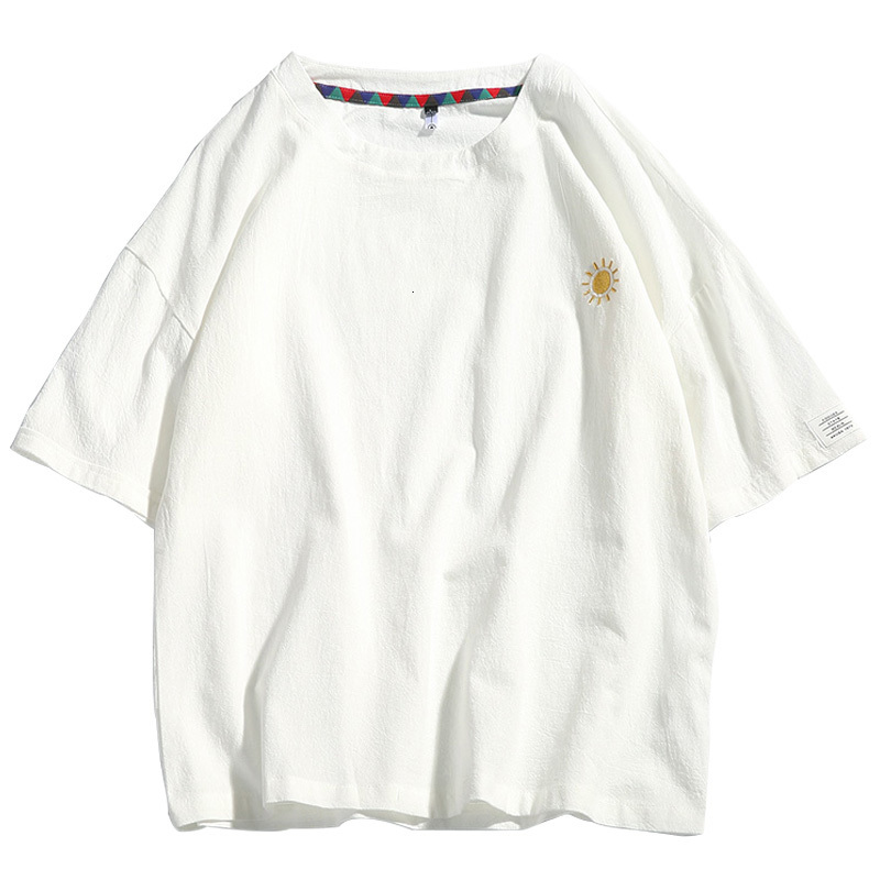 Men's T-Shirts Summer Men's Short-Sleeved T-shirt Cotton and Linen Casual Men's T Shirts Male Breathable Loose Hip Hop Embroidery Top T