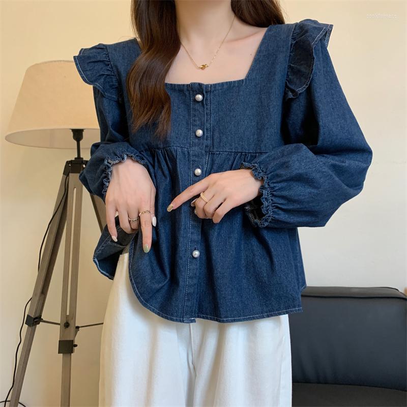 Women's Blouses Long Sleeve Square Collar Denim Shirt Women Single-breasted Cardigan Top Ruffle Edge Stitching Spring Oversized Loose Coat, Blue
Women's Blouses Long Sleeve Square Collar Denim Shirt Women Single-breasted Cardigan Top Ruffle Edge Stitching Spring Oversized Loose Coat, Blue