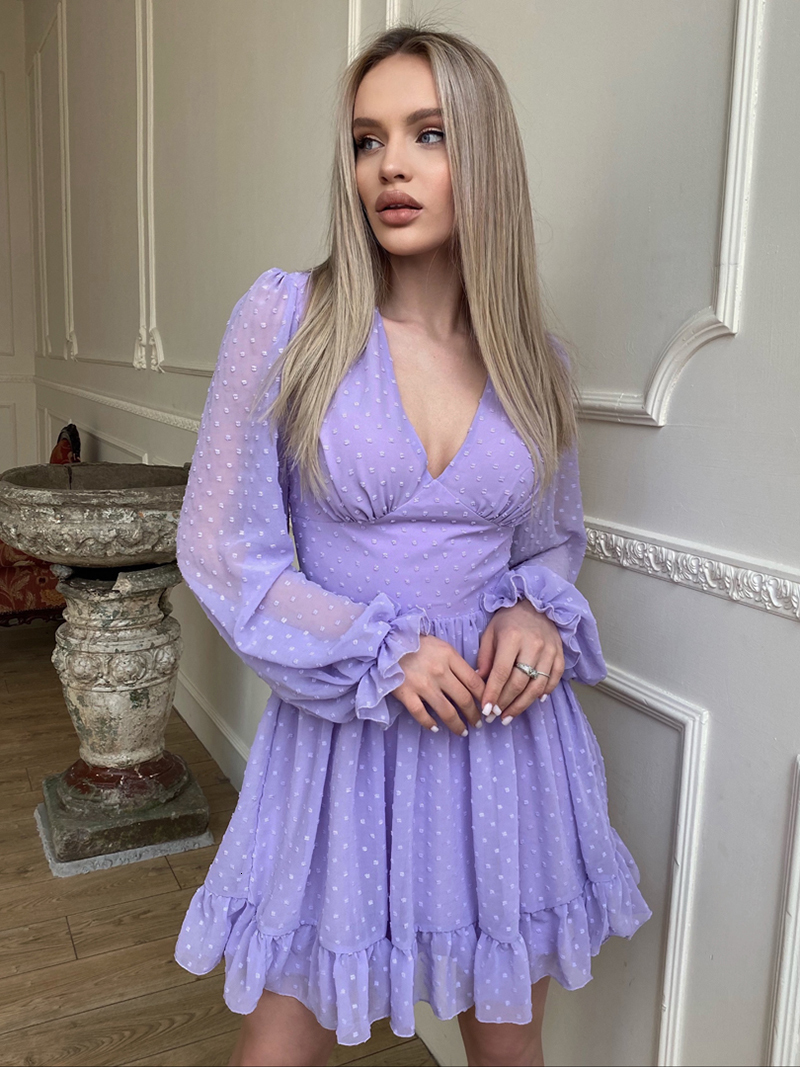 Casual Dresses Capucines Swiss Dot Ruffles Deep V Neck Summer Dress Women Solid Color Lantern Sleeve French Robe A Line Mini Chiffon Dresses 230509