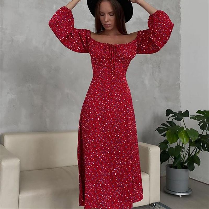 Casual Dresses European Style Slash Neck Floral Bandage Women Dress Ankle-Length Split High Waist Sexy Full Sleeve Lantern Vintage Long Skirt 230509