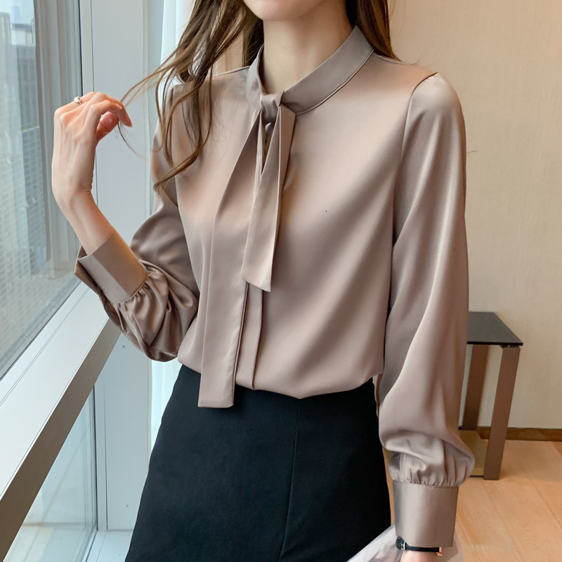 Womens Blouses Shirts Summer Shirt Women Blouse Long Sleeve Top Satin Casual Fashion Ribbon Bow Lady Clothing Movafag 230509