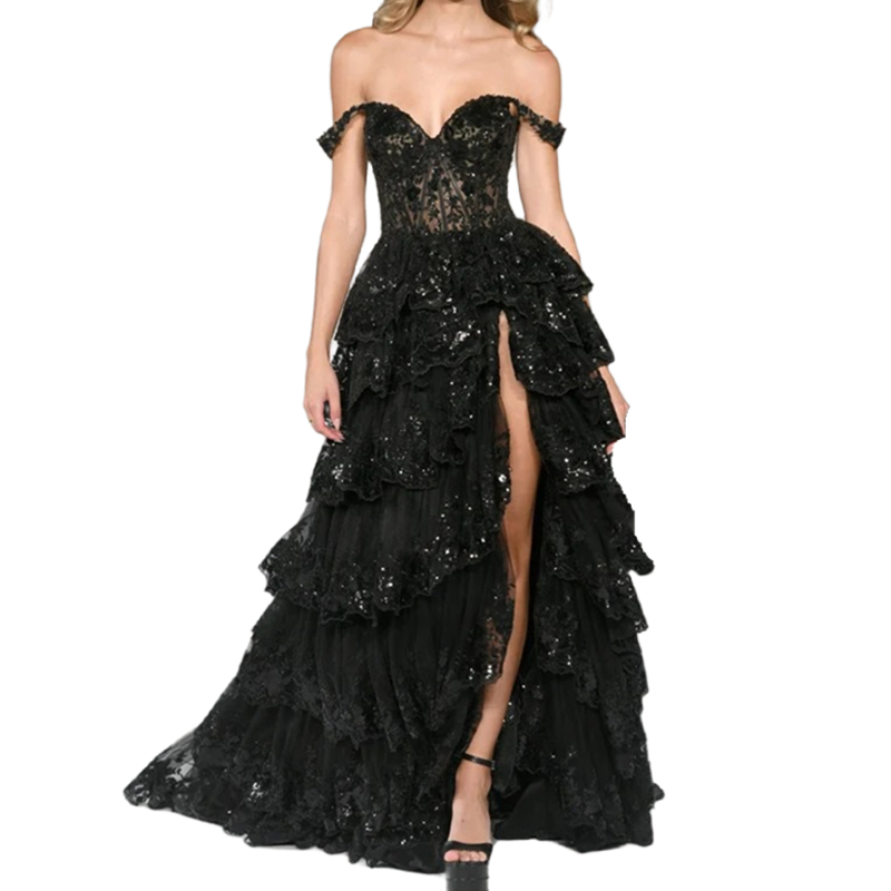 Black Vintage Sweetheart Prom Dresses Off the Shoulder A-line Appliques Lace Sequins Sexy High Slit Floor Length Formal Evening Gowns Tiered