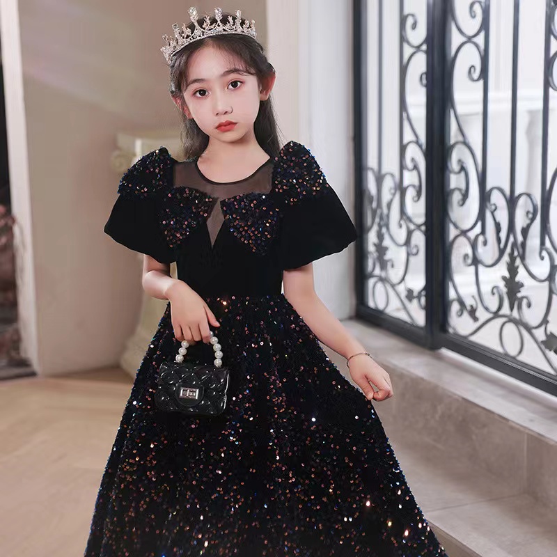 Long Little Girls Pageant Dress Black Sequined Mother And Flower Girl Dresses For Teens Formal Holy Communion Gown Princess Party Gowns With Bow 403