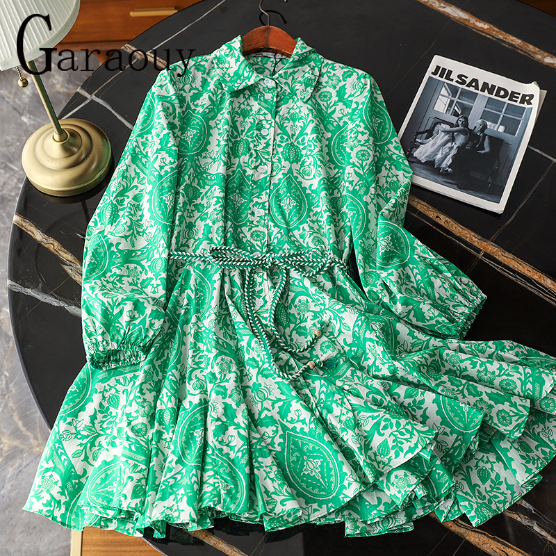 Casual Dresses Garaouy Summer Women Long Sleeve Belt Shirt Dress Floral Print Bohemian Ruffles Lapel Female Mini Sundress Mujer 230509