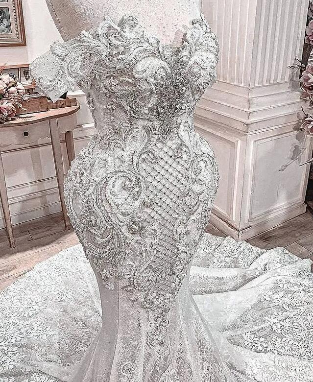 Plus Size Arabic Aso Ebi mermaid Wedding Dresses with detachable train Luxurious Crystals Lace applique Beaded Bridal Dresses