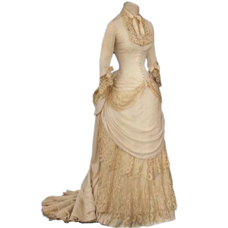 Vintage Victorian Prom Dresses Kahki Champagne Bustle Lace Pleats Long Sleeves Formal Evening Gowns For Women Medieval Cosplay Outfit 2023