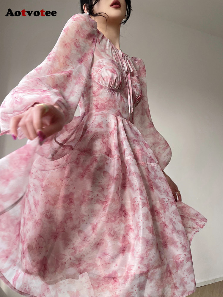 Party Dresses Floral Mini For Women High Wiasted French Style O Neck Long Sleeve A Line Casual 230508