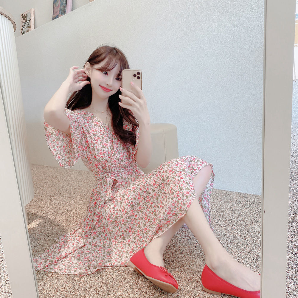 Casual Dresses M-3XL Dresses Women Summer Chic Soft Lady V-neck Stylish Tunic Slim Beach Simple Print Tender Sweet Holiday Vestidos 230509