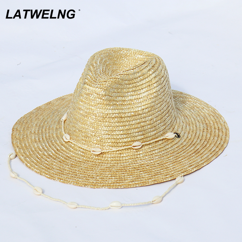 Stingy Brim Hats Seashells Beaded Beach With Chain For Women Fashion Straw Woven Fedora Sun Summer Holidaty Panama Hat 230508