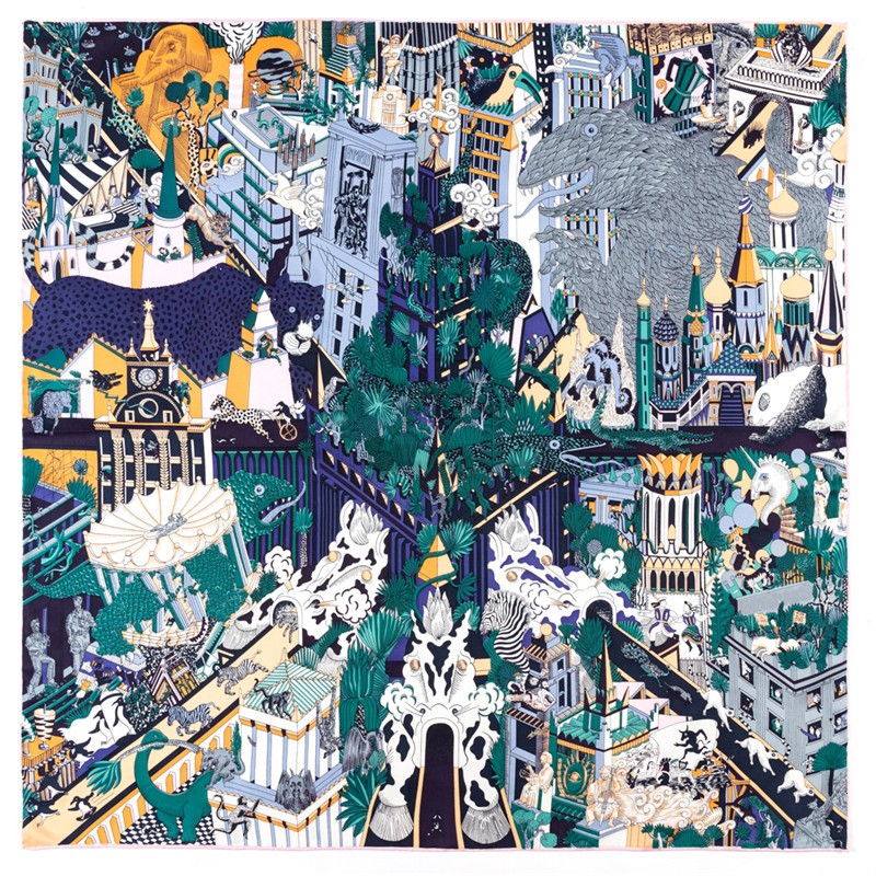Sarongs POBING Manual Hand Rolled Twill Silk Scarf Women Animals Kingdom Square Scarves Echarpes Foulards Femme Wrap Bandana Hijab 90CM 230508