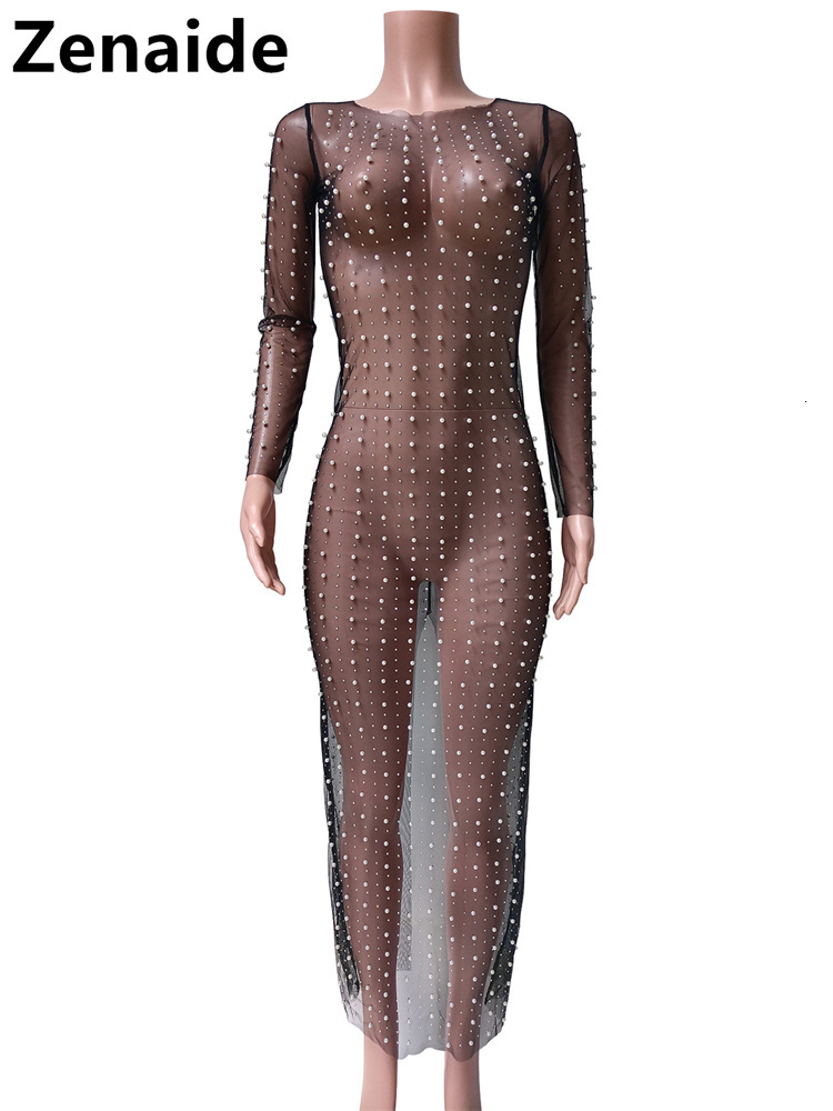 Party Dresses Zenaide See Through Mesh Dress Diamonds Pearl Long Sleeve Summer Sexy Bodycon Maxi Women Y2K Club Beach Cloth 230508