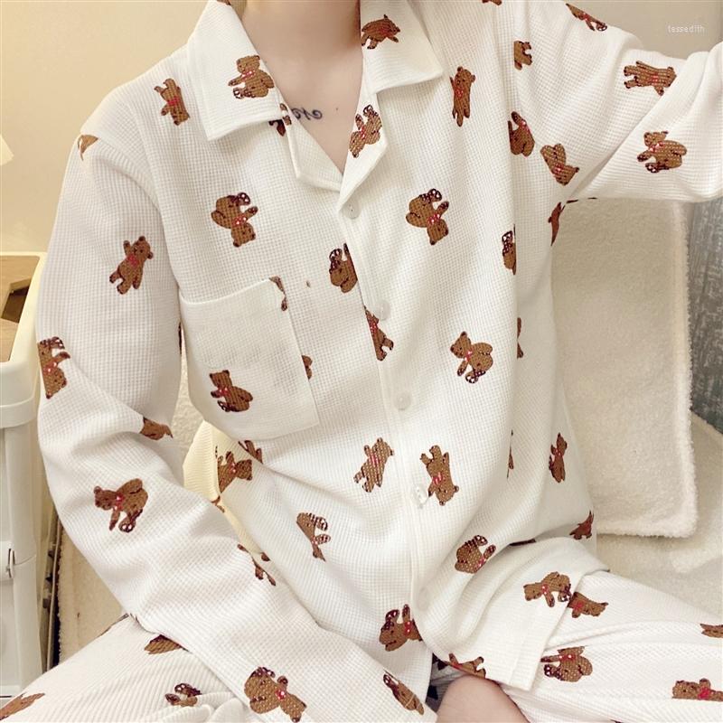 Women's Sleepwear Cartoon Bear Print Waffle Pajamas Set Two Piece Home Suit Women Single Breasted Shirts Trousers Clothes, White
Women's Sleepwear Cartoon Bear Print Waffle Pajamas Set Two Piece Home Suit Women Single Breasted Shirts Trousers Clothes, White
