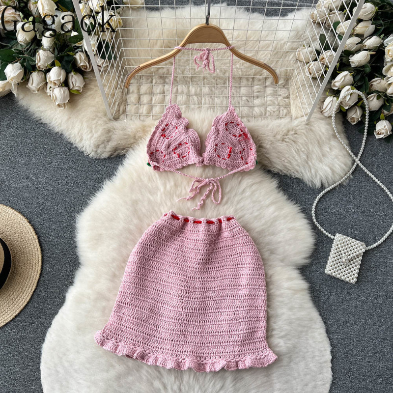 Two Piece Dress Gagaok Summer Travel Set Fashion Threedimensional Backless Flower Hanging Neck Vest Bodycon Skirt Suit 230508