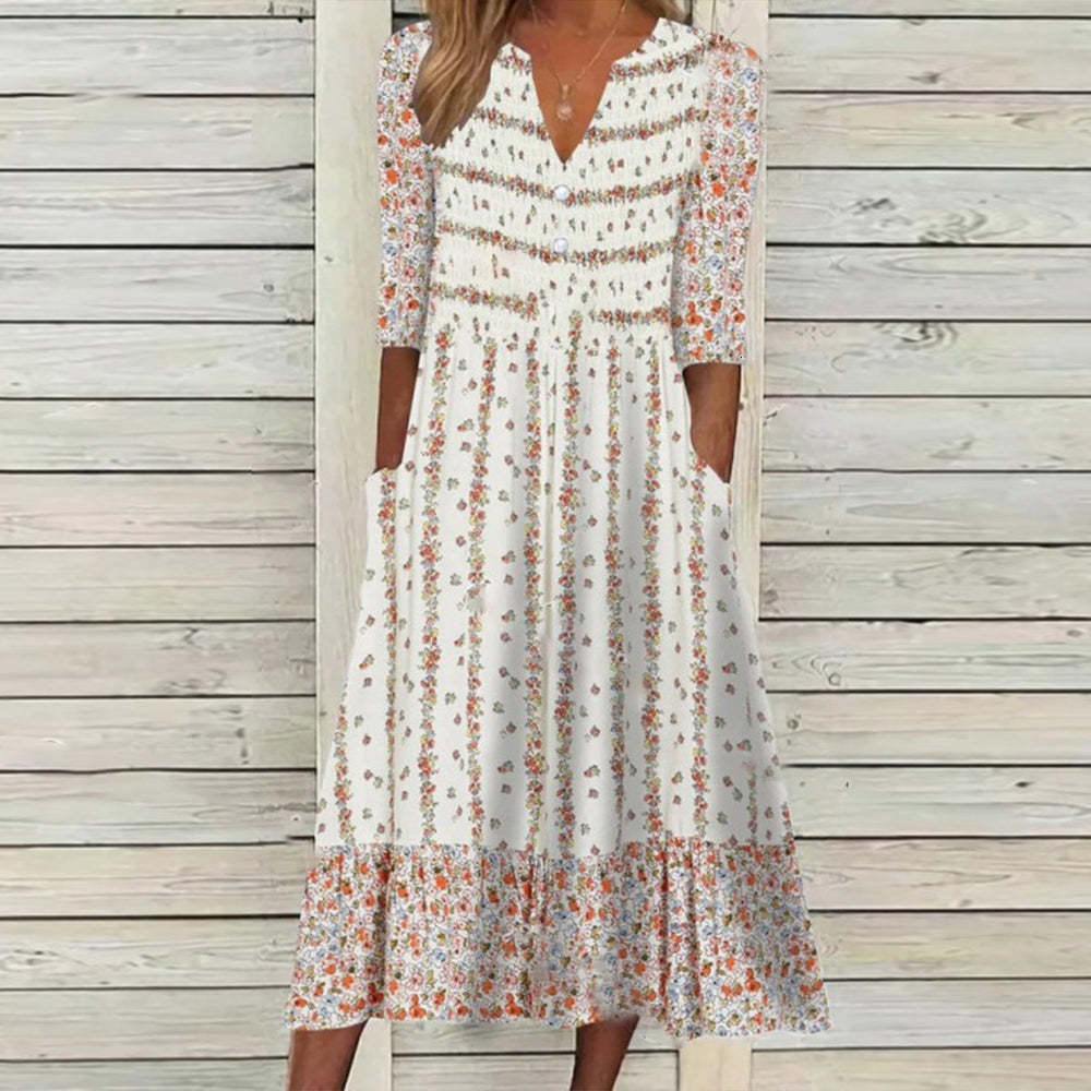 Casual Dresses Vintage Flower Print Female Pullover Dress Fashion V Neck Short Sleeve Long Dress Casual Women Loose Waist Party Dress Vestidos 230509