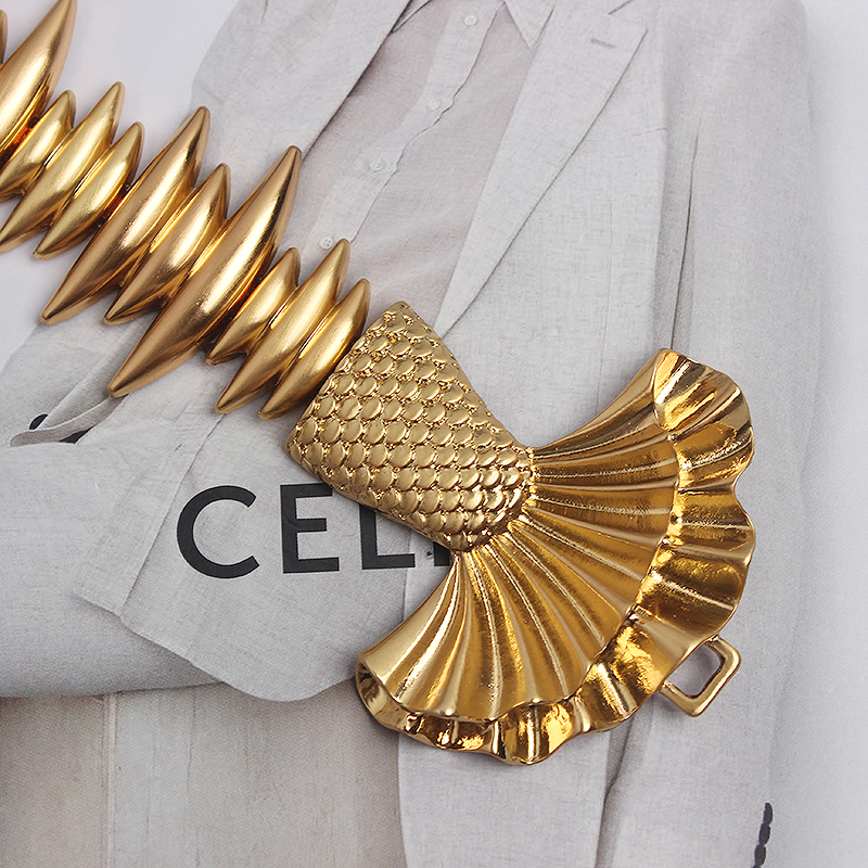 Original Design Gold Metal Alloy Fish Shape Waist belt Women Irregular Fish Elastic Waistband Dress Shirt Corset Belt Strap