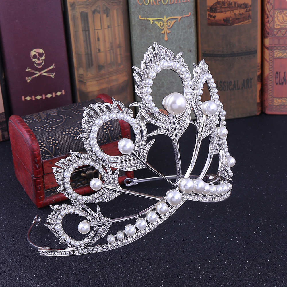 Wedding Hair Jewelry Miss Universe Crown Round Adjustable Pearl cock Feather Tiara Pageant Prom Crowns CZ Coroa Novia Bijoux Cheveux 230508