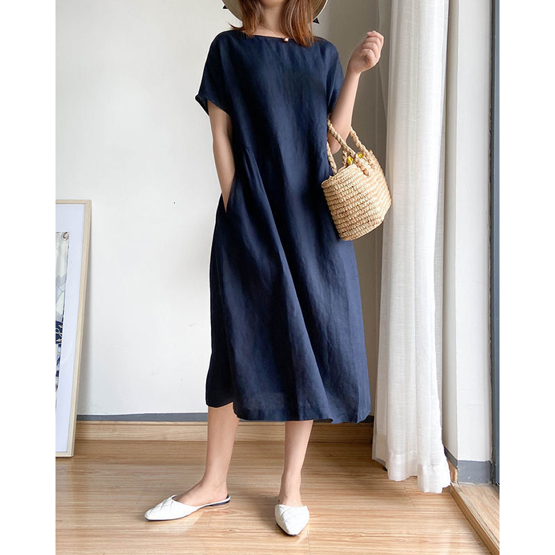 Casual Dresses Summer Oversized Loose Casual Long Dress Women Solid Color Short Sleeve Cotton Vintage Vestidos De Fiesta Chic Robe Femme 230509