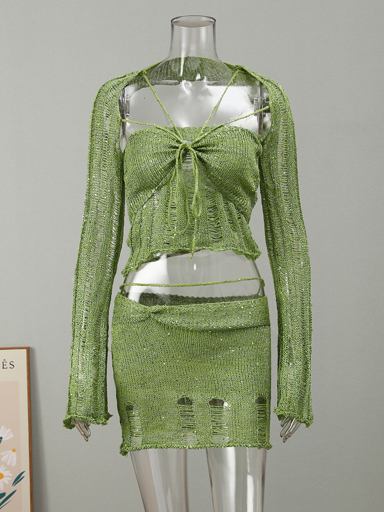 Two Piece Dress Sequins Knitted Hollow Out Four Set Women Sleeveless Cropped Top Midi Bodycon Skirt Suit 2023 Summer Beach Female Outfits 230508