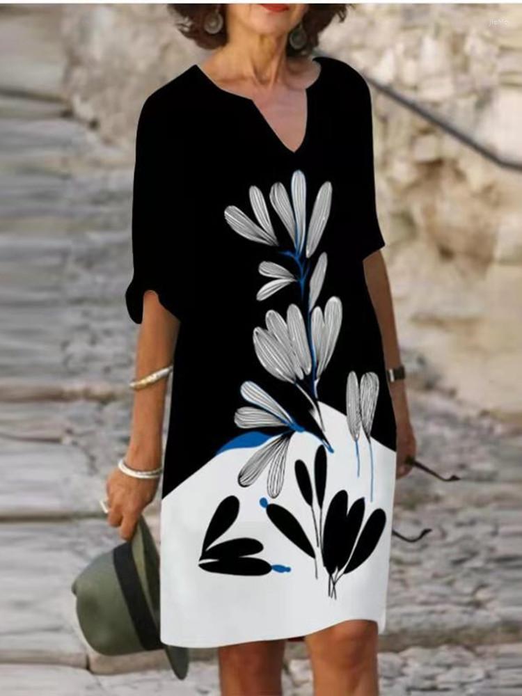 Casual Dresses Women Elegant Floral Print Dress Summer Clothes Half Sleeve Midi V-neck Vintage Beach Vestidos De Mujer