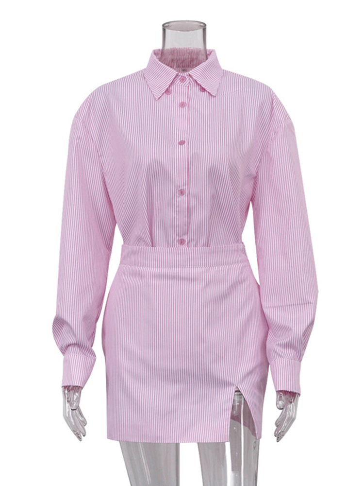 Two Piece Dress Jyate Fashion Pink Stripe Sets Outifits Autumn Sexy Long Sleeve Shirts Matching High Waist Mini Skirt 2023 230508