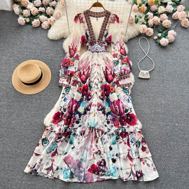 Casual Dresses French Royal Fashion V-neck Flowers Prints Chiffon Dress Single Breasted Ultra Long Ruffled Layers Women, Black
Casual Dresses French Royal Fashion V-neck Flowers Prints Chiffon Dress Single Breasted Ultra Long Ruffled Layers Women, Black