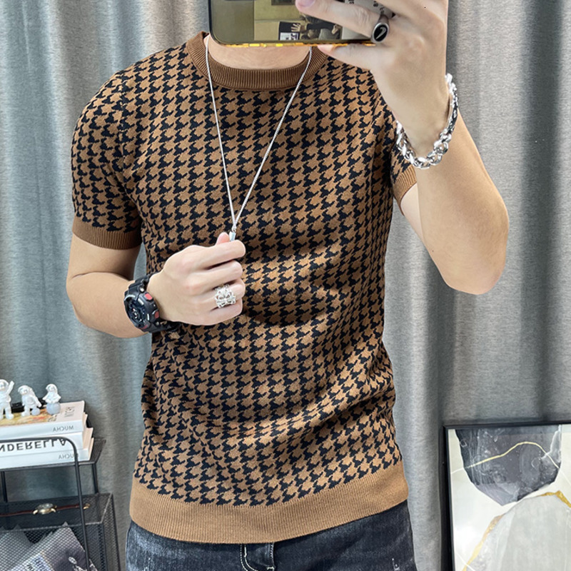 Men's Houndstooth Short Sleeve Sweater T-Shirt O-Neck Knitted Top Tees Casual Streetwear Polyester Spandex Spring Summer England Style