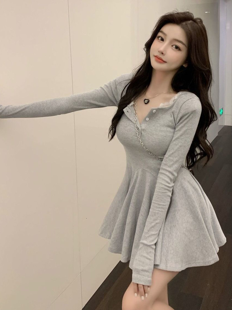 Casual Dresses QWEEK Knitted Black Wrap Dress Women Korean Style Bodycon Lace Long Sleeve Short Dresses Autumn Kpop Outfits Solid 230509