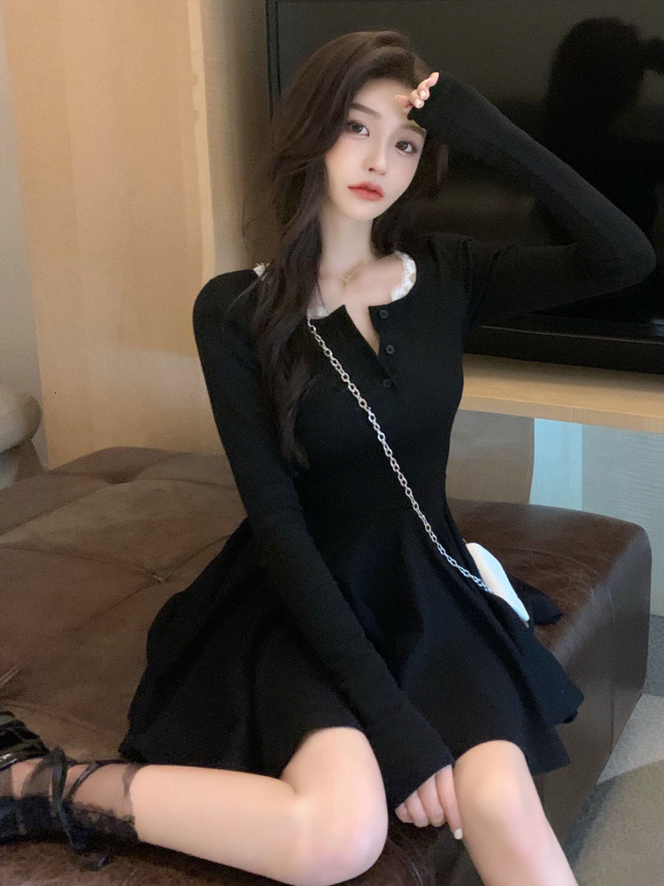 Casual Dresses QWEEK Knitted Black Wrap Dress Women Korean Style Bodycon Lace Long Sleeve Short Dresses Autumn Kpop Outfits Solid 230509