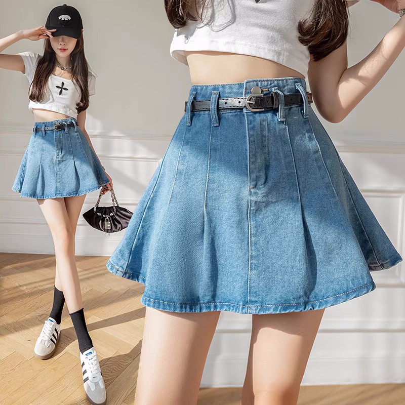Womens high waist denim skirts pleated with belt sashes jeans skirt with safety shorts inside SMLXL