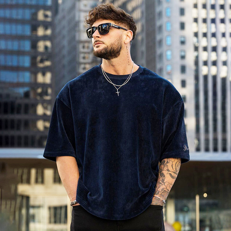 Men's T-Shirts Summer Men's Ribbed T Shirts Fashion Letter Embroidery Loose Short Sleeve Tees Streetwear Men Clothes Casual Pullover Tops 23