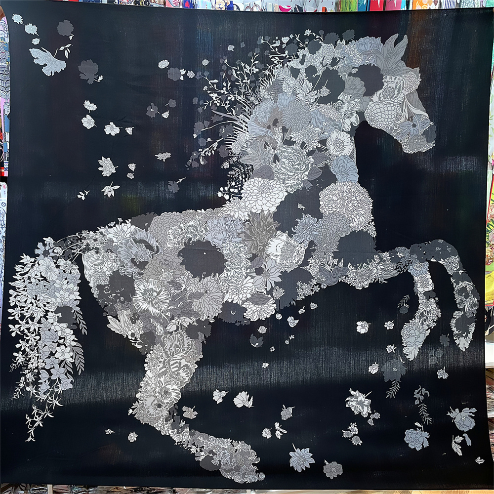 Sarongs POBING Silk Cashmere Scarf Women Hand Rolled Flowers Horse Print Square Scarves Wraps Bandana Big Hijabs Female Foulard 135CM 230508