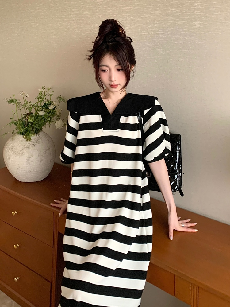 Casual Dresses Korejpaa Casual Striped Sailor Collar Dresses Summer Korean Fashion Loose Waist Women Clothing Short Sleeve Vestidos Femme 230509