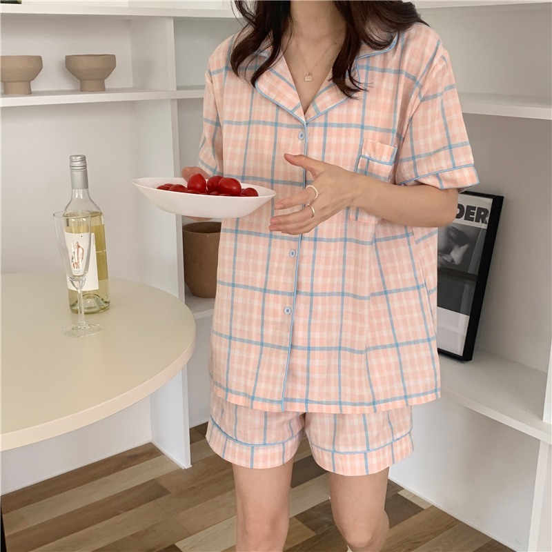 Women's Sleepwear Cute Grid Girls Pajamas Set Korean Summer Short Sleeve Leisure Women Loose Nightwear Homewear Suit 230508
Women's Sleepwear Cute Grid Girls Pajamas Set Korean Summer Short Sleeve Leisure Women Loose Nightwear Homewear Suit 230508