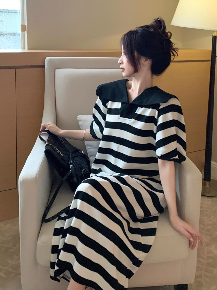 Casual Dresses Korejpaa Casual Striped Sailor Collar Dresses Summer Korean Fashion Loose Waist Women Clothing Short Sleeve Vestidos Femme 230509