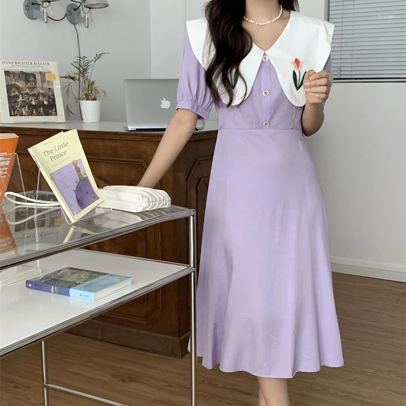 Party Dresses Vintage Women Embroidered Large Turn Down Collar Dress Summer 2023 Fashion Korean Short Sleeve High Waist Purple Elegant, Black 
Party Dresses Vintage Women Embroidered Large Turn Down Collar Dress Summer 2023 Fashion Korean Short Sleeve High Waist Purple Elegant, Black