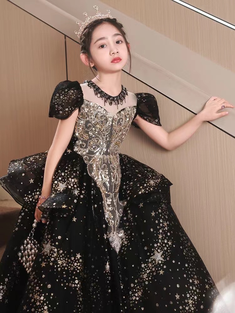 Ball Gown Girls Pageant Dresses Gold Black Crystal Necklace Princess Flower Girl Dress For Wedding Sequined First Holy Communion Toddler Party Gowns 4