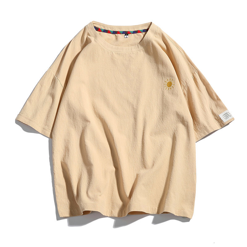 Men's T-Shirts Summer Men's Short-Sleeved T-shirt Cotton and Linen Casual Men's T Shirts Male Breathable Loose Hip Hop Embroidery Top T