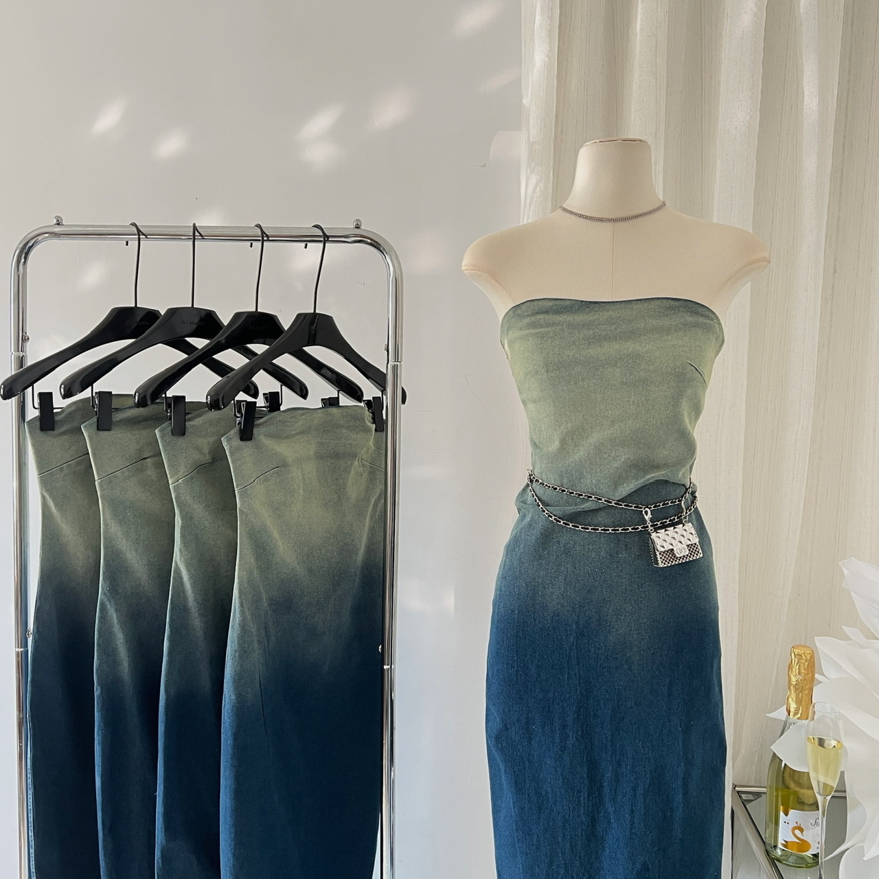 Party Dresses Stretch Gradient Color Sleeveless Slim Denim For Women Lady Streetwear Summer Strapless Bodycon Long 230508