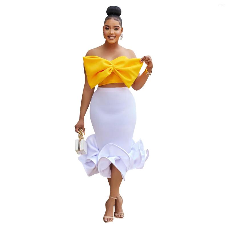 Work Dresses Women Ruffles Appliques Strapless Irregular Bow Crop Tops Bodycon Skirts Two Piece Sets Vestidos Club Party Evening