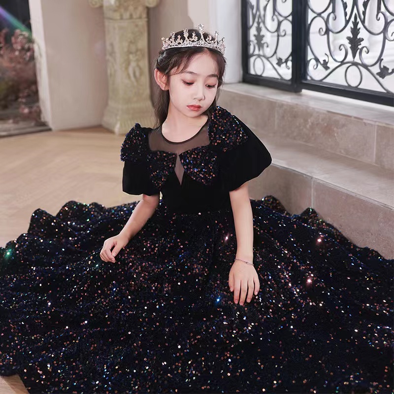 Long Little Girls Pageant Dress Black Sequined Mother And Flower Girl Dresses For Teens Formal Holy Communion Gown Princess Party Gowns With Bow 403