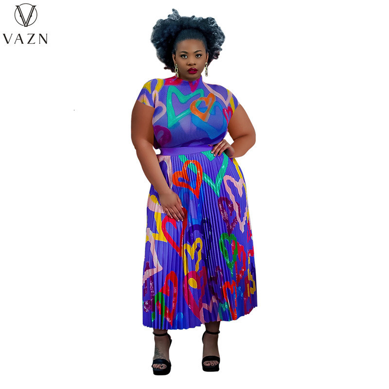 Two Piece Dress VAZN Casual Holiday Style Short Sleeve Round Neck Top Elastic Ankle Length Skirt Printed Lady 2 Piece Sets 230509